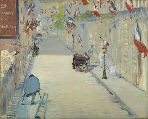 A painted street scene featuring French flags, with a disabled figure (an amputee) featured prominently.