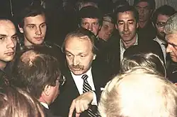 Viacheslav Chornovil speaking to striking workers around him