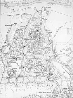A layout of Kyiv with the monastery depicted in the center