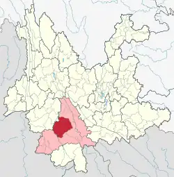 Location of Jinggu County (red) and Pu'er Prefecture (pink) within Yunnan province