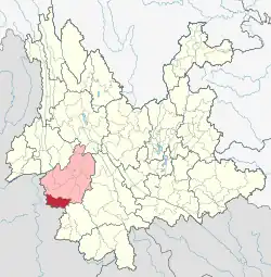 Location of Cangyuan County (red) and Lincang Prefecture (pink) within Yunnan province of China
