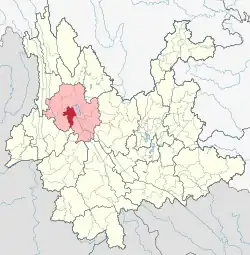 Location of Yangbi County (red) and Dali Prefecture (pink) within Yunnan