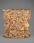 Noh robe; 1750–1800; silk embroidery and gold leaf on silk satin; length: 1.66 m; Metropolitan Museum of Art[103]