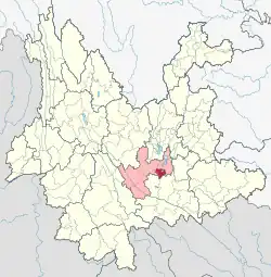 Location of Tonghai County (red) and Yuxi City (pink) within Yunnan