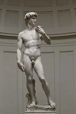 David; by Michelangelo; 1501–1504; marble; 517 cm × 199 cm; Galleria dell'Accademia (Florence)
