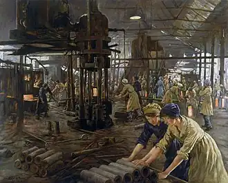 Oil painting showing women wearing blue and beige smocks, trousers and hats in a large factory. The women are mostly handling tubes and metal rods.