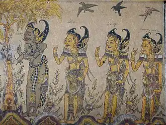 Scene from Bhimaswarga showing Bhima and his brothers, in the Kertha Gosa Pavilion, Semarapura.