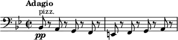 
\relative c {
  \new Staff {
    \set Staff.midiInstrument = #"pizzicato strings" \key bes \major \clef bass \time 2/2 \set Score.tempoHideNote = ##t \tempo "Adagio" 2 = 20
    bes8 \pp ^"pizz." r8 a8 r8 g8 r8 f8 r8 |
    e8 r8 f8 r8 g8 r8 a8 r8 |
  }
}
