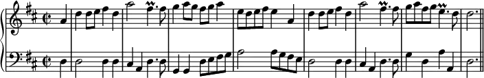 \header {
tagline = ##f
}
upper = \relative c'' {
\set Staff.midiInstrument = "trumpet"
\clef treble
\key d \major
\time 2/2
\tempo 2 = 65
\partial 4 a4 d d8 e fis4 d a'2 fis4.\prall fis8 g4 a8 g fis g a4 e8 d e fis e4
a, d d8 e fis4 d a'2 fis4.\prall fis8 g a fis g e4.\prall d8 d2. \bar "||"
}
lower = \relative c {
\set Staff.midiInstrument = "church organ"
\clef bass
\key d \major
\partial 4 d4 d2 d4 d cis a d4. d8 g,4 g d'8 e fis g a2 a8 g fis e
d2 d4 d cis a d4. d8 g4 d a' a, d2.
}
\score {
\new PianoStaff <<
\new Staff = "upper" \upper
\new Staff = "lower" \lower
>>
\layout {
\context {
\Score
\remove "Metronome_mark_engraver"
}
}
}