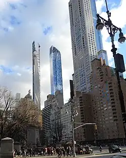 View of buildings along Central Park South as seen from across Columbus Circle
