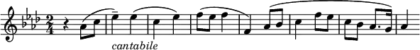 \header{
title = "Seventeen Come Sunday"
}
\relative c'' {
\key f \minor
\time 2/4 \set Score.tempoHideNote = ##t \tempo 4 = 120
r4 as8 (c8 es4--_\markup{\italic "cantabile"}) es4 (c4 es4) f8 (es8 f4 f,4) as8 (bes8 c4 f8 es8 c8 bes8 as8. g16) as4
}
