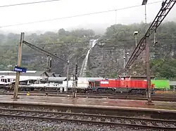 Station yard with waterfall