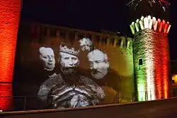 150th anniversary of the unification of Italy: Rocca Estense of San Felice sul Panaro illuminated by the Italian tricolour and by the images of Camillo Benso, Count of Cavour, Giuseppe Garibaldi, Victor Emmanuel II of Italy and Giuseppe Mazzini