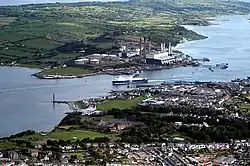Aerial view of Islandmagee, showing Ballylumford power station and the nearby Ballycronan More convertor station