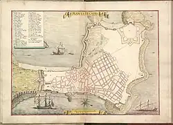 Hand-drawn plan with a special focus on the street-grid and fortifications. In the seas surrounding the city there are ships.