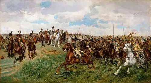 Painting showing masses of cuirassiers charging past Napoleon as he waves his hat