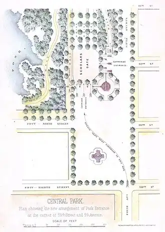 1869 map of the plaza, showing a site for a monument where the fountain was eventually built.