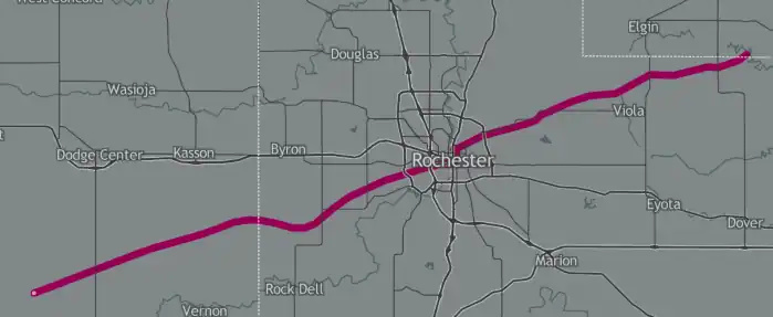 The path of the 1883 Rochester F5 tornado
