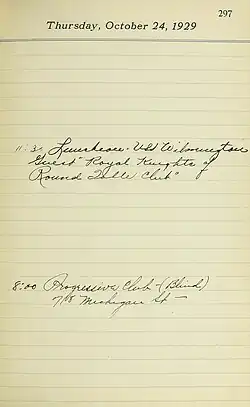 The page from Mayor Jackson's appointment book on "Black Thursday" of Wall Street Crash of 1929 at the start of the Great Depression.