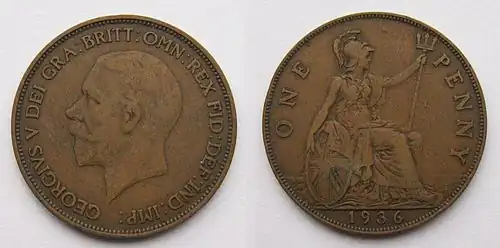 Both sides of an old, large British penny dated 1936