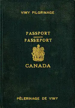 A Passport with the Canadian coat of arms in the middle and text in both French and English identifying the book as a passport for the Vimy Pilgrimage