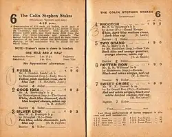 1947 AJC Colin Stephen Stakes racebook page showing the winner, Russia