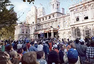 Fans gather in front of New York City Hall in October, 1986 to celebrate the New York Mets' World Series championship