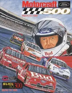 The 1993 Motorcraft Quality Parts 500 program cover, featuring Bill Elliott. Artwork by NASCAR artist Sam Bass.