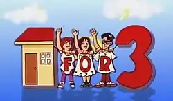 An illustration of two female and 1 male, next to a house, over a blue background. Letters F, O and R are displayed on the clothes. The number 3 is seen next to the male.