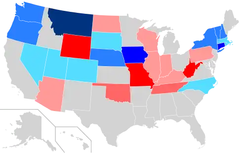 Net changes to upper house seats after the 2004 elections &nbsp;&nbsp;&nbsp;&nbsp;&nbsp;+1 Dem seat &nbsp;&nbsp;&nbsp;&nbsp;&nbsp;+2 Dem seats &nbsp;&nbsp;&nbsp;&nbsp;&nbsp;+3–4 Dem seats &nbsp;&nbsp;&nbsp;&nbsp;&nbsp;+6 Dem seats &nbsp;&nbsp;&nbsp;&nbsp;&nbsp;+1 Rep seat &nbsp;&nbsp;&nbsp;&nbsp;&nbsp;+2 Rep seats &nbsp;&nbsp;&nbsp;&nbsp;&nbsp;+3 Rep seats