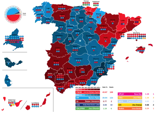 Map of Spain showcasing seat distribution by Congress of Deputies constituency