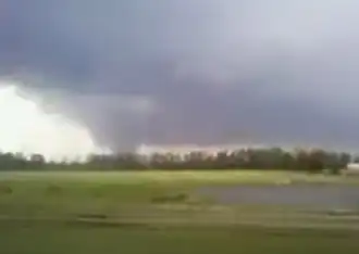 A low-quality image of a tornado above a treeline in the distance; a larhge field of grass sits between the taker of the image and treeline.