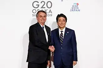 Prime Minister Shinzō Abe and President Jair Bolsonaro in Osaka; June 2019.
