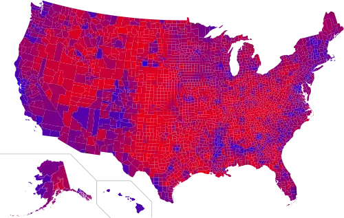 Shaded election results by county[t] (red-purple-blue scale)