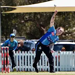 Coyte bowling for Adelaide Strikers during WBBL{{!}}07