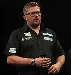 James Wade with darts in his hands at a 2022 Premier League event