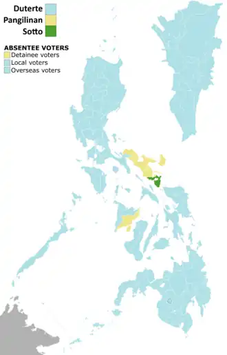 Provinces where Duterte won at least a plurality are in light blue. The Marcoses supported Duterte in the election.