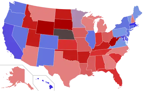Lower house seats by party holding majority in each state Republican&nbsp;&nbsp;50–60%&nbsp;&nbsp;60–70%&nbsp;&nbsp;70–80%&nbsp;&nbsp;80–90%&nbsp;&nbsp;90–100% Democratic&nbsp;&nbsp;50–60%&nbsp;&nbsp;60–70%&nbsp;&nbsp;70–80%&nbsp;&nbsp;80–90%