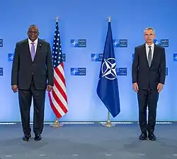 Stoltenberg and U.S. Secretary of Defense Lloyd Austin in Brussels, 14 April 2021