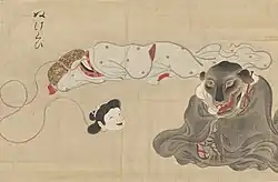 22 Nukekubi (ぬけくび) are female yōkai whose heads detach from their bodies at night to hunt and prey on human blood. Their heads can either detach completely or remain attached by a string-like neck.[60] They are a variation of the Rokurokubi (轆轤首) yōkai.[60] Nukekubi are ordinary women by day but bloodthirsty hunters at night, all without their knowledge. Their methods of hunting include sucking their victims' blood or biting them.[61] The curse of Nukekubi is often spread from mothers to daughters, and there is no certain cure.[61] Stories of the Nukekubi appear as early as the Heian period.[62][60]