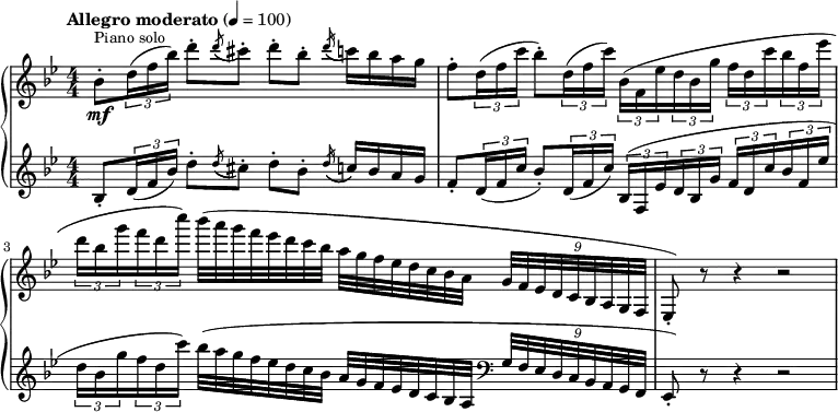 
{   \new PianoStaff << \new Staff \relative bes' {
    \clef "treble" \numericTimeSignature\time 4/4 \key bes \major | % 1
    \tempo "Allegro moderato" 4=100 \stemDown bes8 ^. [ ^\markup{ \small
        {Piano solo} } _\mf \times 2/3 {
        \stemDown d16 ( \stemDown f16 \stemDown bes16 ) ] }
    \stemDown d8 ^. [ \acciaccatura { \stemUp d8 ( } \stemDown cis8 ) ^.
    ] \stemDown d8 ^. [ \stemDown bes8 ^. ] \acciaccatura { \stemUp d16
        ( } \stemDown c16 ) [ \stemDown bes16 \stemDown a16 \stemDown g16
    ] | % 2
    \stemDown f8 ^. [ \times 2/3 {
        \stemDown d16 ( \stemDown f16 \stemDown c'16 ] }
    \stemDown bes8 ) ^. [ \times 2/3 {
        \stemDown d,16 ( \stemDown f16 \stemDown c'16 ) ] }
    \times 2/3  {
        \stemDown bes,16 ( [ \stemDown f16 \stemDown es'16 }
    \times 2/3  {
        \stemDown d16 \stemDown bes16 \stemDown g'16 ] }
    \times 2/3  {
        \stemDown f16 [ \stemDown d16 \stemDown c'16 }
    \times 2/3  {
        \stemDown bes16 \stemDown f16 \stemDown es'16 ] }
    \break | % 3
    \times 2/3  {
        \stemDown d16 [ \stemDown bes16 \stemDown g'16 }
    \times 2/3  {
        \stemDown f16 \stemDown d16 \stemDown c'16 ) ] }
    \stemDown bes32 ( [ \stemDown a32 \stemDown g32 \stemDown f32
    \stemDown es32 \stemDown d32 \stemDown c32 \stemDown bes32 ]
    \stemDown a32 [ \stemDown g32 \stemDown f32 \stemDown es32 \stemDown
    d32 \stemDown c32 \stemDown bes32 \stemDown a32 ] \once \omit
    TupletBracket
    \times 8/9  {
        \stemUp g32 [ \stemUp f32 \stemUp es32 \stemUp d32 \stemUp c32
        \stemUp bes32 \stemUp a32 \stemUp g32 \stemUp f32 ] }
    | % 4
    \stemUp es8 ) _. r8 r4 r2 }
    \new Staff \relative bes {
    \clef "treble" \numericTimeSignature\time 4/4 \key bes \major | % 1
    \stemUp bes8 _. [ \times 2/3 {
        \stemUp d16 ( \stemUp f16 \stemUp bes16 ) ] }
    \stemDown d8 ^. [ \acciaccatura { \stemUp d8 ( } \stemDown cis8 ) ^.
    ] \stemDown d8 ^. [ \stemDown bes8 ^. ] \acciaccatura { \stemUp d16
        ( } \stemUp c16 ) [ \stemUp bes16 \stemUp a16 \stemUp g16 ] | % 2
    \stemUp f8 _. [ \times 2/3 {
        \stemUp d16 ( \stemUp f16 \stemUp c'16 ] }
    \stemUp bes8 ) _. [ \times 2/3 {
        \stemUp d,16 ( \stemUp f16 \stemUp c'16 ) ] }
    \times 2/3  {
        \stemUp bes,16 ( [ \stemUp f16 \stemUp es'16 }
    \times 2/3  {
        \stemUp d16 \stemUp bes16 \stemUp g'16 ] }
    \times 2/3  {
        \stemUp f16 [ \stemUp d16 \stemUp c'16 }
    \times 2/3  {
        \stemUp bes16 \stemUp f16 \stemUp es'16 ] }
    \break | % 3
    \times 2/3  {
        \stemDown d16 [ \stemDown bes16 \stemDown g'16 }
    \times 2/3  {
        \stemDown f16 \stemDown d16 \stemDown c'16 ) ] }
    \stemDown bes32 ( [ \stemDown a32 \stemDown g32 \stemDown f32
    \stemDown es32 \stemDown d32 \stemDown c32 \stemDown bes32 ] \stemUp
    a32 [ \stemUp g32 \stemUp f32 \stemUp es32 \stemUp d32 \stemUp c32
    \stemUp bes32 \stemUp a32 ] \clef "bass" \once \omit TupletBracket
    \times 8/9  {
        \stemUp g32 [ \stemUp f32 \stemUp es32 \stemUp d32 \stemUp c32
        \stemUp bes32 \stemUp a32 \stemUp g32 \stemUp f32 ] }
    | % 4
    \stemUp es8 ) _. r8 r4 r2 } >> }
    