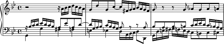 \new PianoStaff <<
\new Staff \relative c'' {
\key g \minor
r2 r16 a bes c d c bes a |
g8 d' g, c~ c16 fis, g a bes a g fis |
g8 r r g as g as a |
}
\new Staff <<
\new Voice \relative c' {
\key g \minor \clef bass \voiceOne
r16 bes c d es d c bes a8 es' a, d~ |
d16 g, a bes c bes a g a8 r r a |
bes8 a bes b c16 d es d c bes a g |
}
\new Voice \relative c {
\voiceTwo
g4 g' fis f |
e4 es d16 a bes c d8 d, |
g16 d' e fis g f e d c8 b c cis |
}
>>
>>