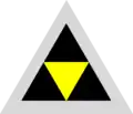 A multi-coloured triangular organisational symbol