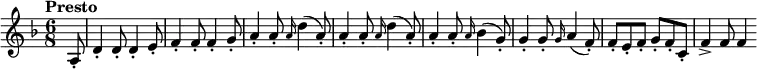 \new Staff <<
\set Staff.midiInstrument = #"violin"
\relative c'{
\clef treble
\key d \minor
\time 6/8
\tempo "Presto" \tempo 4. = 200
\partial 8 a8_. d4_. 8_. 4_. e8_. f4_. 8_. 4_. g8_. a4_. 8_. \grace {a16} (d4 a8_.) a4_. 8_. \grace {a16} (d4 a8_.) a4_. 8_. \grace {a16} (bes4 g8_.) 4_. 8_. \grace {g16} (a4 f8_.) f_. e_. f_. g_. f_. c_. f4_> 8 4
}
>>