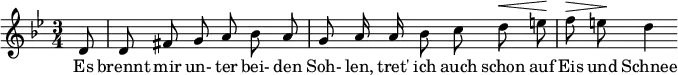 { \new Staff << \relative c' {\set Staff.midiInstrument = #"clarinet" \tempo 4 = 108 \set Score.tempoHideNote = ##t
\key g \minor \time 3/4 \autoBeamOff \set Score.currentBarNumber = #10 \set Score.barNumberVisibility = #all-bar-numbers-visible \bar ""
\partial 8 d8 | d fis g a bes a | g a16 a bes8 c d^\< e!\! | f^\> e!\! d4 }
\addlyrics { Es brennt mir un- ter bei- den Soh- len, tret' ich auch schon auf Eis und Schnee } >>
}