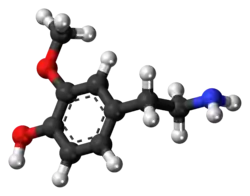 Ball-and-stick model of the 3-methoxytyramine molecule