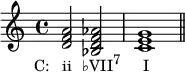 {
\relative c' {
\clef treble
\time 4/4
<d f a>2_\markup { \concat { \translate #'(-4 . 0) { "C: ii" \hspace #1.5 "♭VII" \raise #1 \small "7" \hspace #3.3 "I" } } }
<bes d f aes>
<c e g>1 \bar "||"
} }