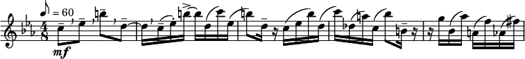  \relative c'' { \set Staff.midiInstrument = #"oboe" \clef treble \key c \minor \time 4/8 \tempo 8 = 60 c8--[\mf \breathe ees--] \breathe b'--[ \breathe d,--~] | d16[ \breathe c(-- ees-.) b'->~] b[ d,( c') ees,(] | b'8) d,16-- r c( ees b') d,( | c') des,( a') c,( bes'8) b,16-- r | r g' bes,( aes') a,( f') aes,( fis') } 