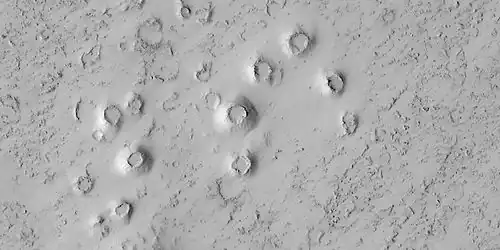 Close view of cones, as seen by HiRISE under HiWish program. These cones probably formed when hot lava flowed over ice-rich ground. The location is the Elysium quadrangle.