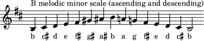 \header { tagline = ##f }
scale = \relative b { \key b \minor \omit Score.TimeSignature
b^"B melodic minor scale (ascending and descending)" cis d e fis gis ais b a! g! fis e d cis b2 }
\score { { << \cadenzaOn \scale \context NoteNames \scale >> } \layout { } \midi { } }
